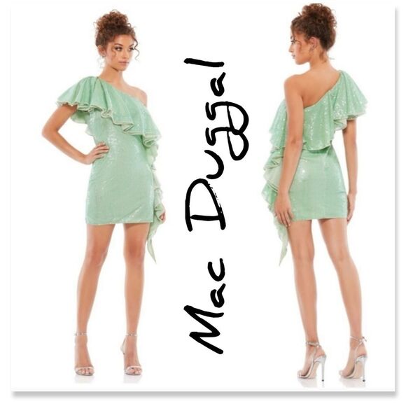 NWT Mac Duggal 10800 One Shoulder Ruffle Dress SAGE - Picture 1 of 13